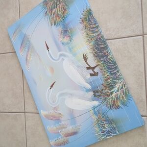 Vintage White Cranes Beach Ocean Oil Painting On Canvas